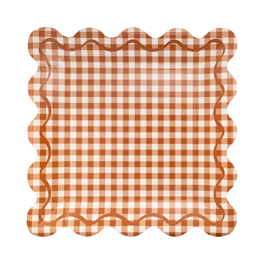 Rust Gingham Scalloped Square Plates
