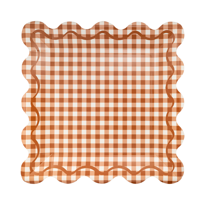 Rust Gingham Scalloped Square Plates