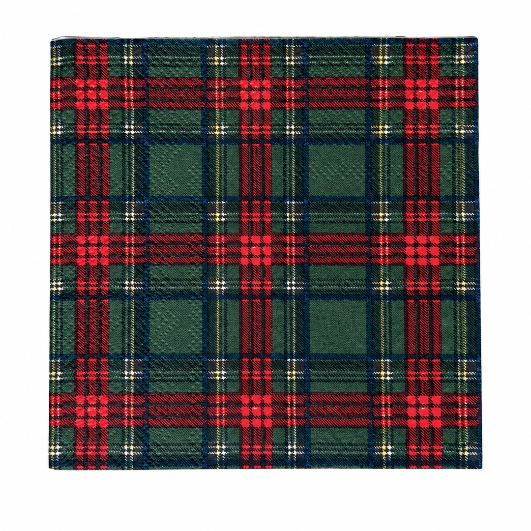 Heritage Tartan 5x5 inch Christmas plaid cocktail napkin in red and evergreen