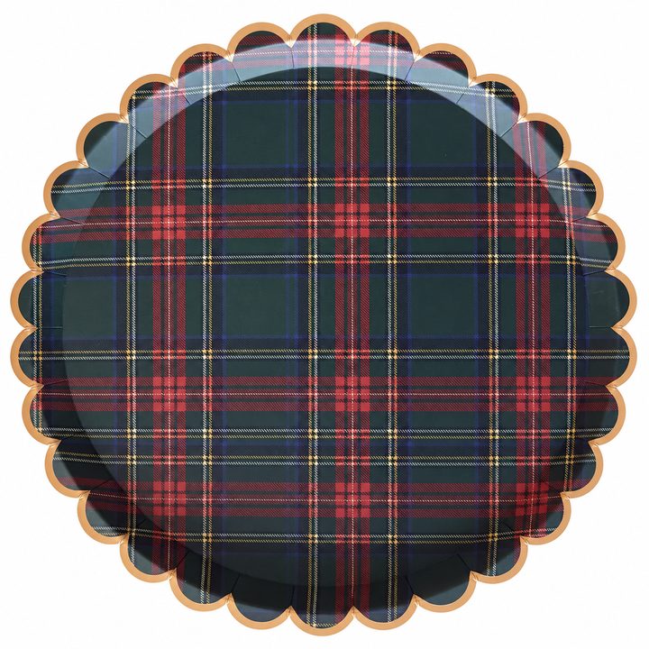 Heritage Tartan scalloped paper dinner plate, 10.5 inch, evergreen, red and navy Christmas plaid with gold foil edge