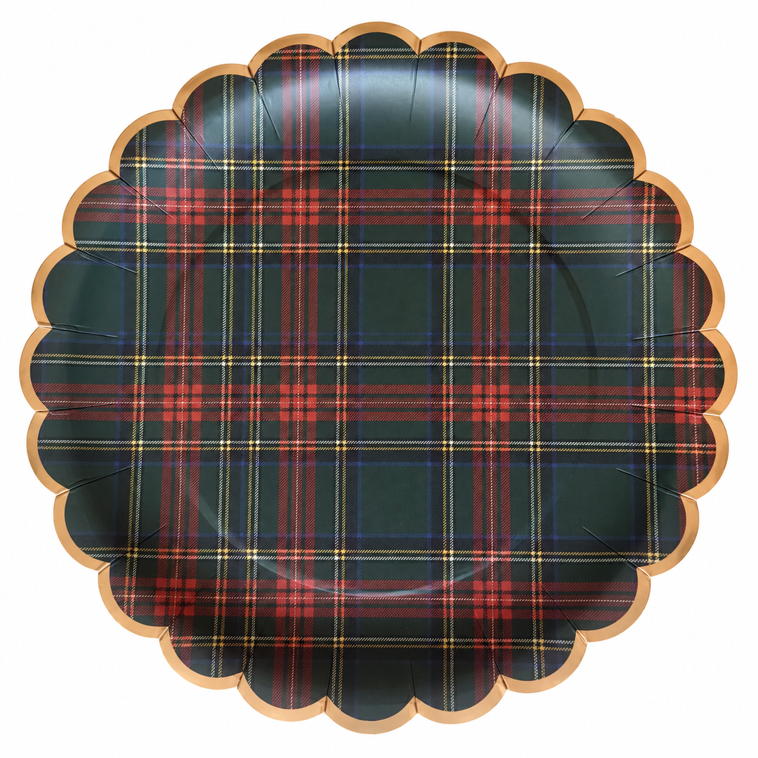 Heritage Tartan scalloped paper salad plate, 8.5 inch, Christmas plaid with gold foil scalloped edge