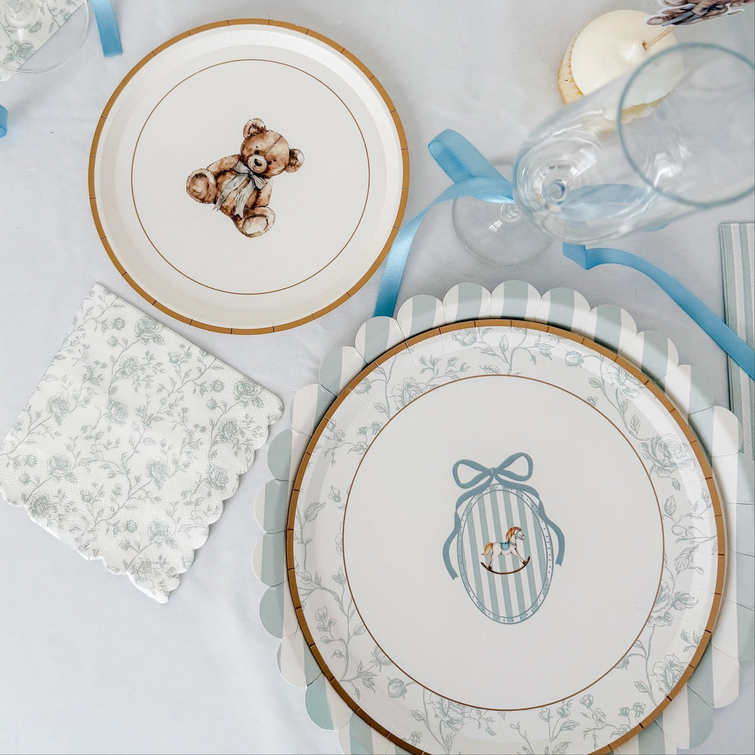 Baby Blue Floral Toile Scalloped Cocktail Napkins, 12pcs - Josi James - Small Napkins