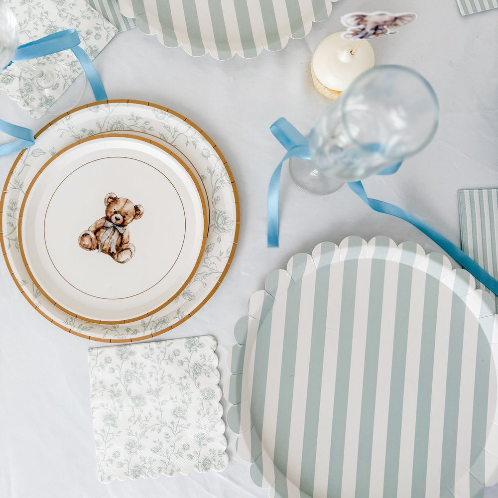 Baby Blue Floral Toile Scalloped Cocktail Napkins, 12pcs - Josi James - Small Napkins