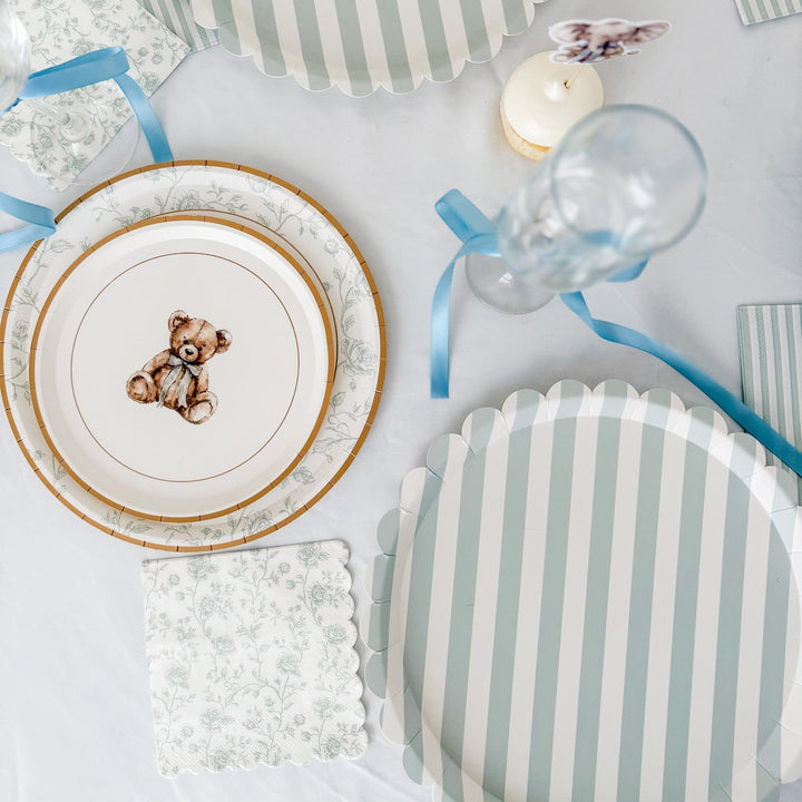 Baby Blue Floral Toile Scalloped Cocktail Napkins, 12pcs - Josi James - Small Napkins