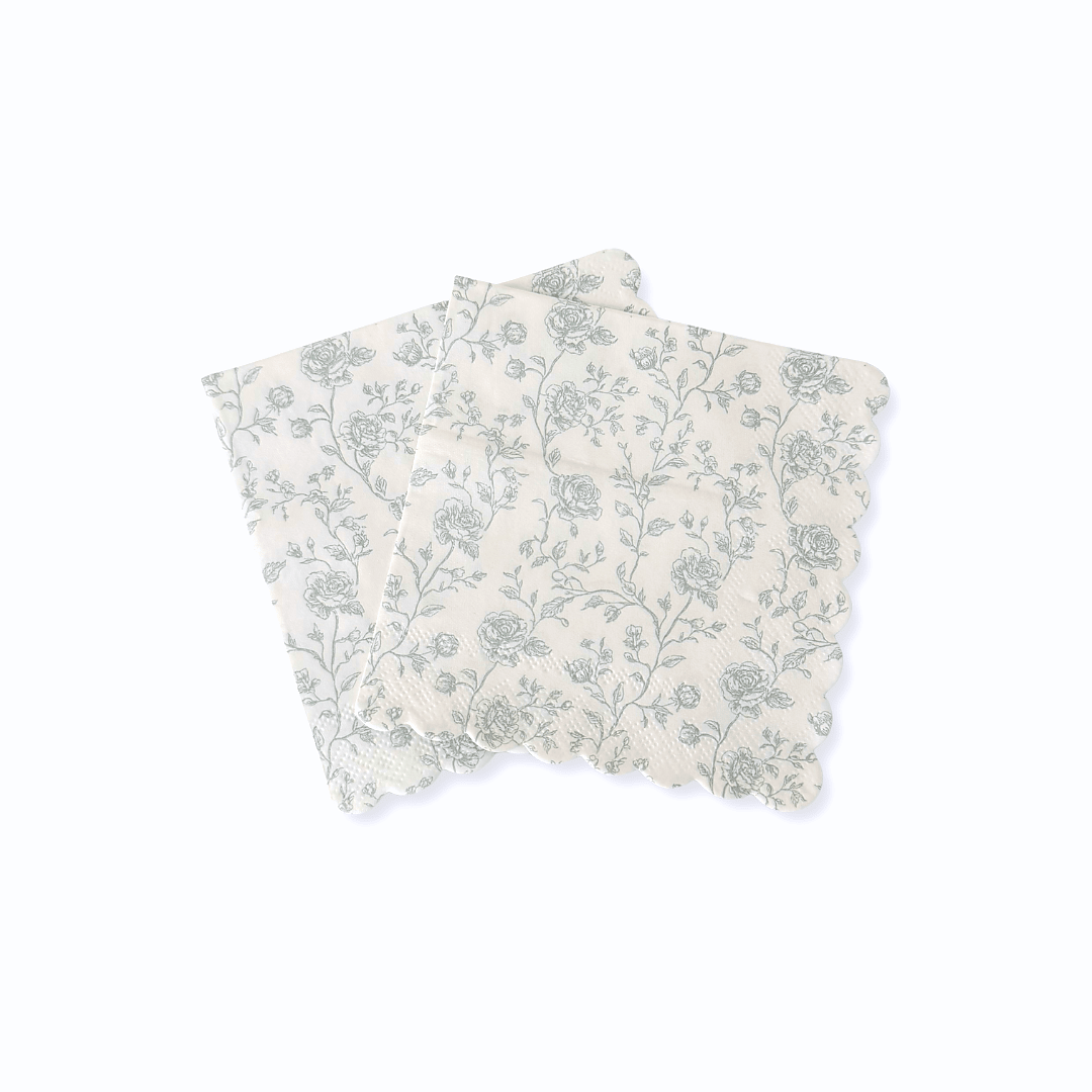 Baby Blue Floral Toile Scalloped Cocktail Napkins, 12pcs - Josi James - Small Napkins