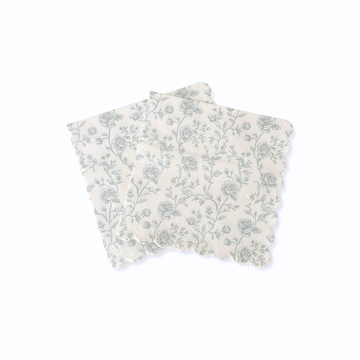 Baby Blue Floral Toile Scalloped Cocktail Napkins, 12pcs - Josi James - Small Napkins