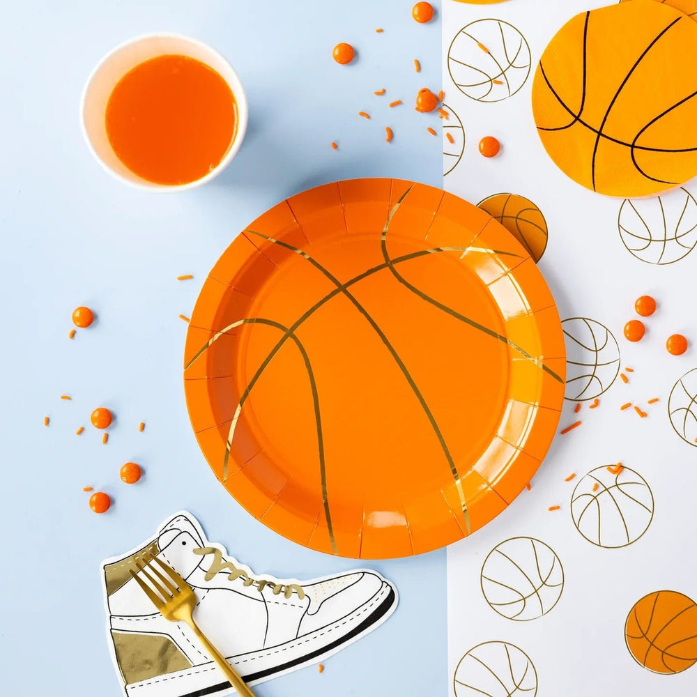 Basketball Shaped Paper Plates – 9" Sports Party Plates with Gold Foil (8ct) - Josi James - 9 Inch Plate