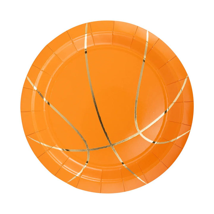 Basketball Shaped Paper Plates – 9" Sports Party Plates with Gold Foil (8ct) - Josi James - 9 Inch Plate