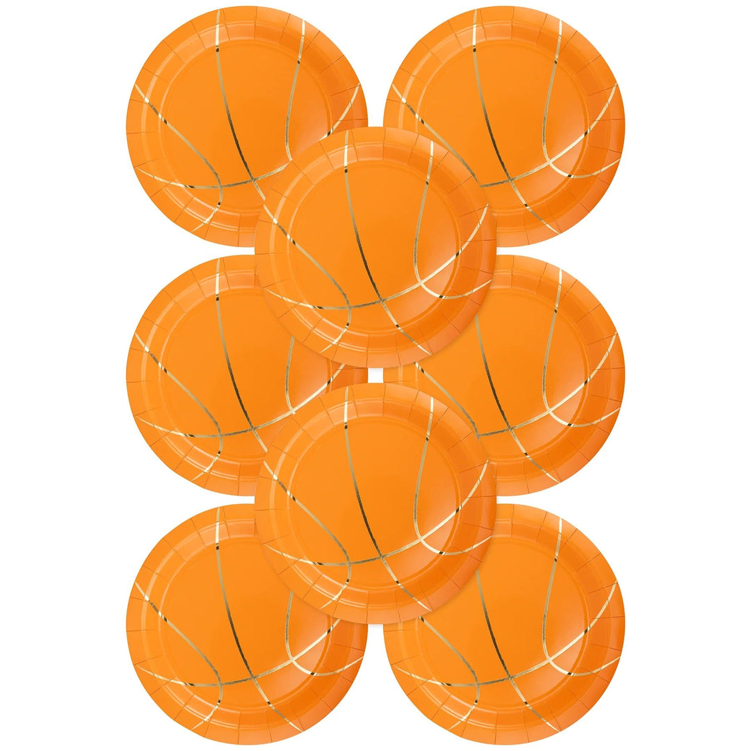 Basketball Shaped Paper Plates – 9" Sports Party Plates with Gold Foil (8ct) - Josi James - 9 Inch Plate