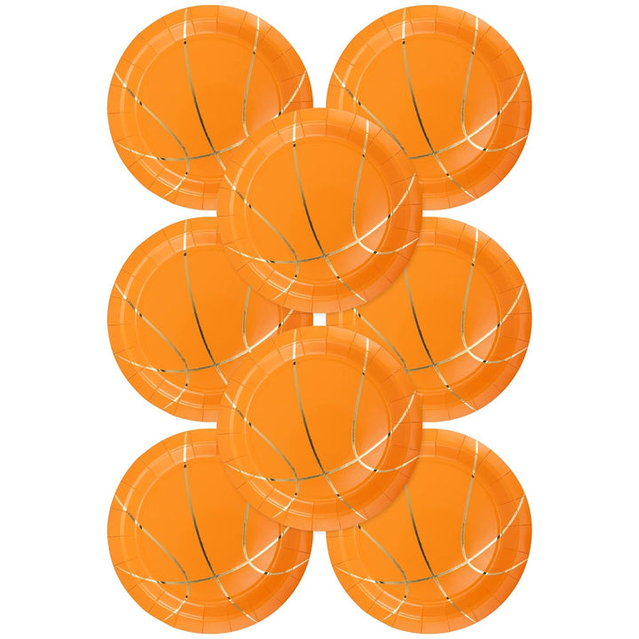 Basketball Shaped Paper Plates – 9" Sports Party Plates with Gold Foil (8ct) - Josi James - 9 Inch Plate
