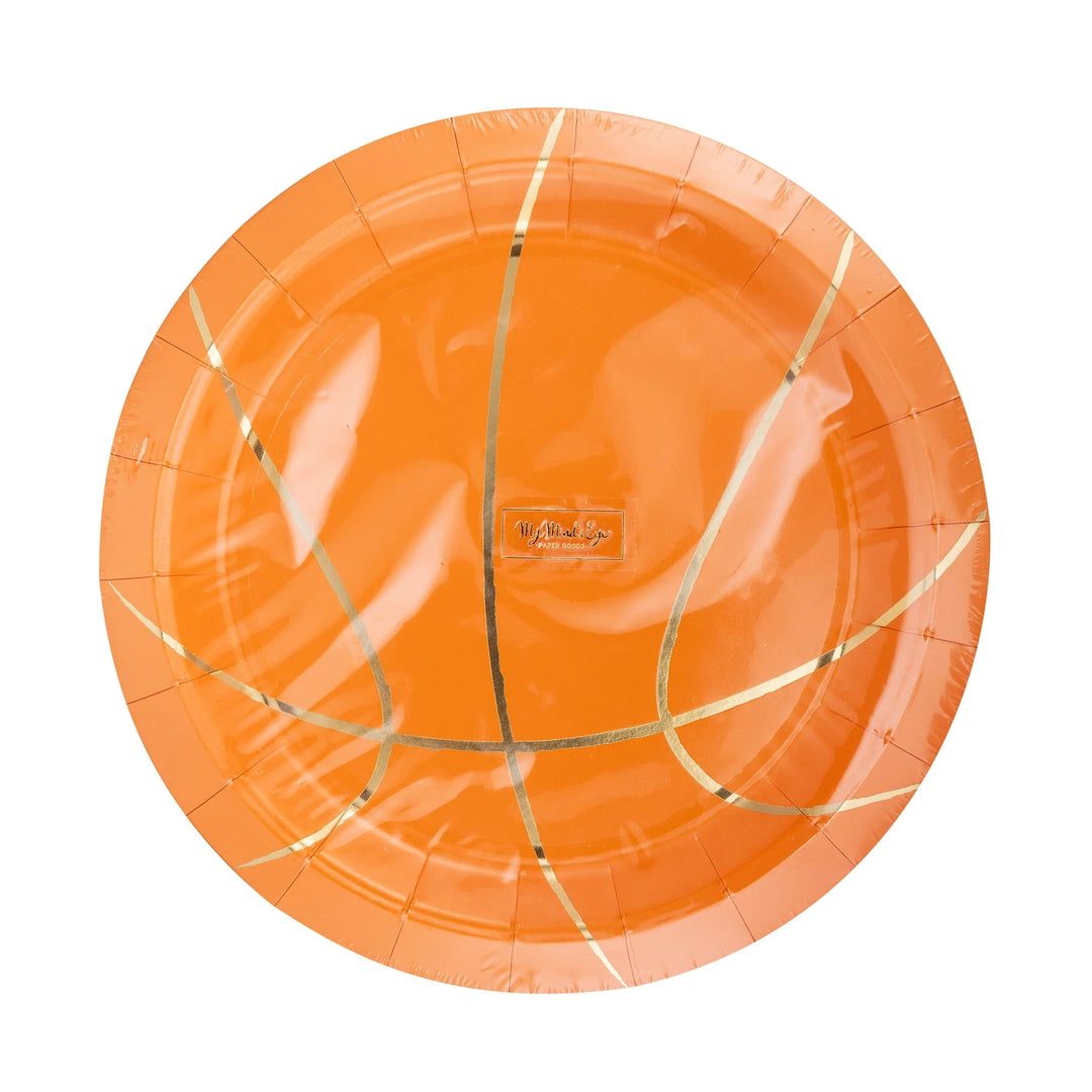 Basketball Shaped Paper Plates – 9" Sports Party Plates with Gold Foil (8ct) - Josi James - 9 Inch Plate