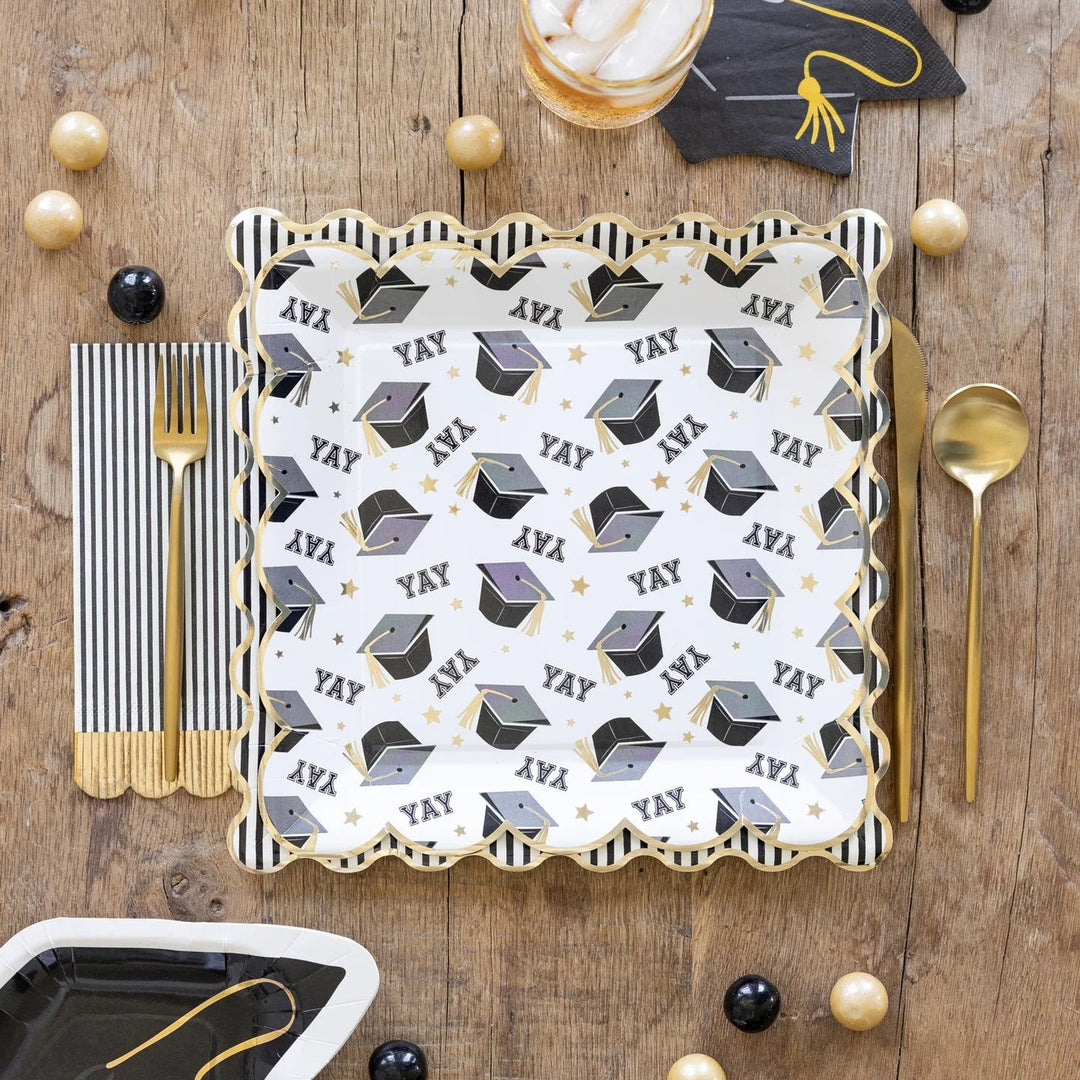 Black & Cream Graduation Striped Fringe Dinner Napkins – (18pcs) - Josi James - Tall Napkins