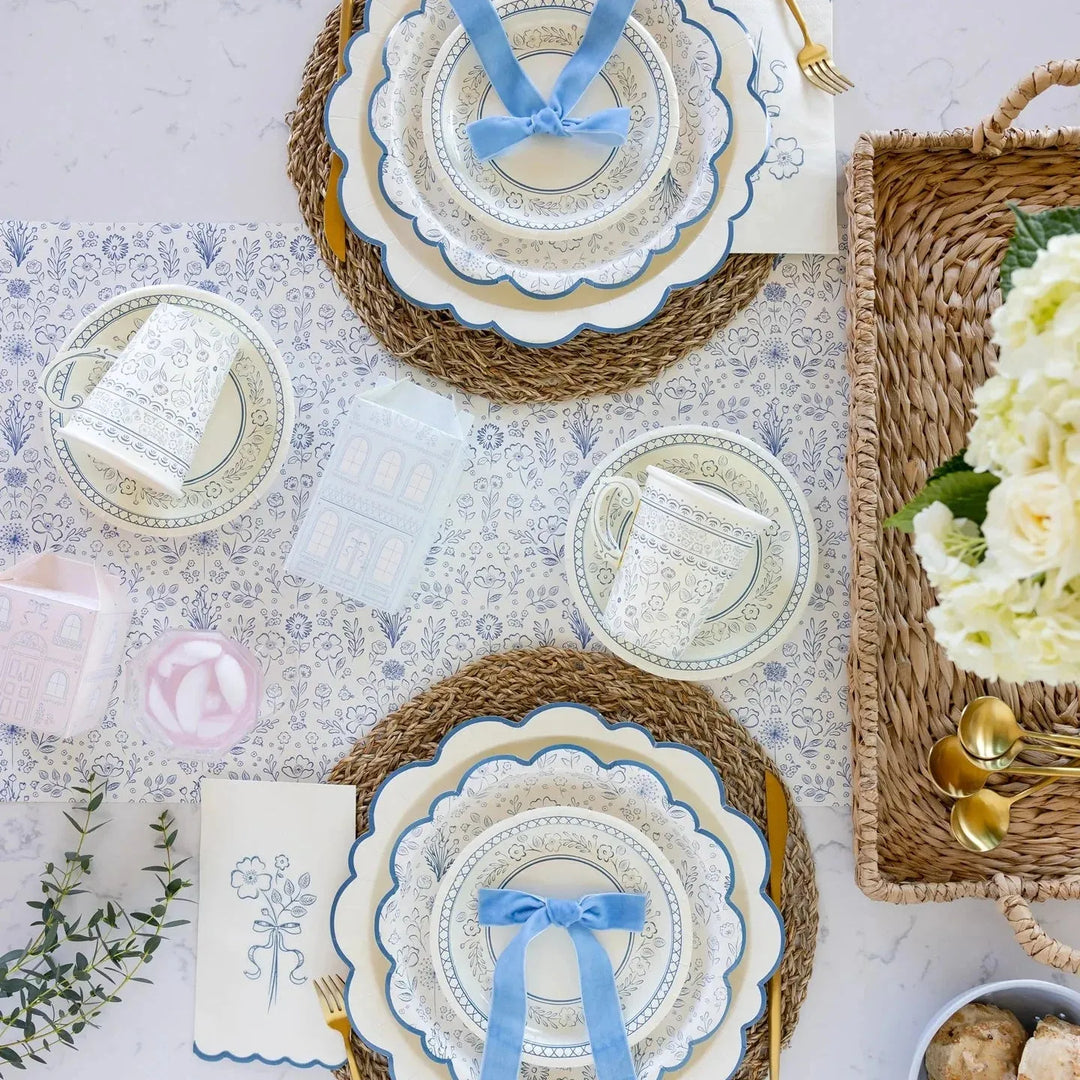 Blue Toile Floral 16" x 120" Whimsical Paper Table Décor for Tea Parties & Baby Showers - Josi James - Table Runner