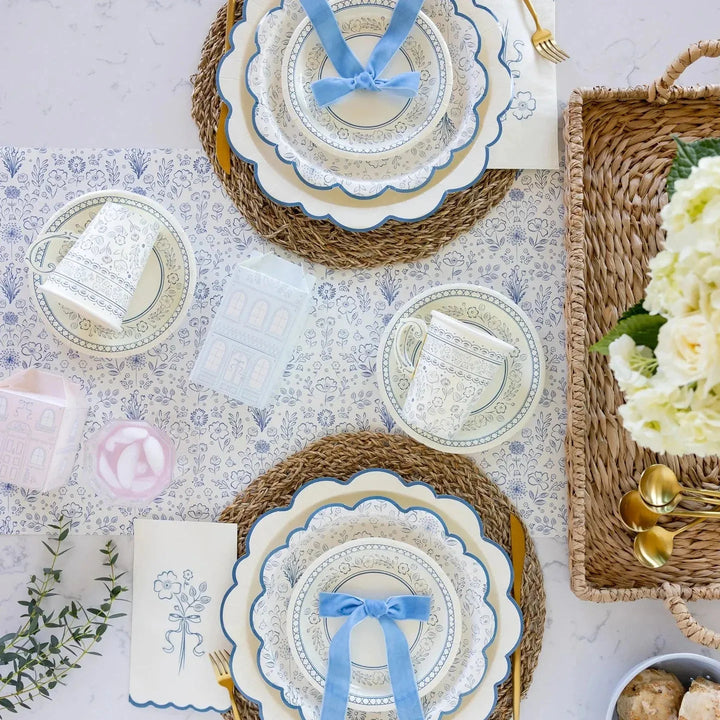 Blue Toile Floral 16" x 120" Whimsical Paper Table Décor for Tea Parties & Baby Showers - Josi James - Table Runner