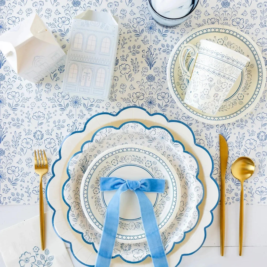 Blue Toile Floral 16" x 120" Whimsical Paper Table Décor for Tea Parties & Baby Showers - Josi James - Table Runner