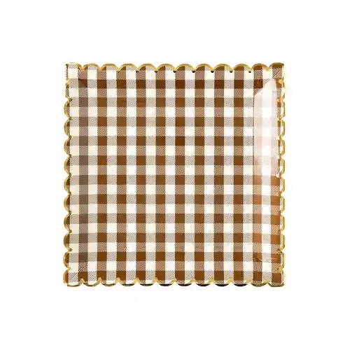 Brown Gingham Scalloped Paper Plates – 10" Fall Party Plates (8pcs) - Josi James - 10 Inch Plate