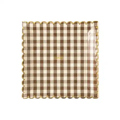 Brown Gingham Scalloped Paper Plates – 10" Fall Party Plates (8pcs) - Josi James - 10 Inch Plate