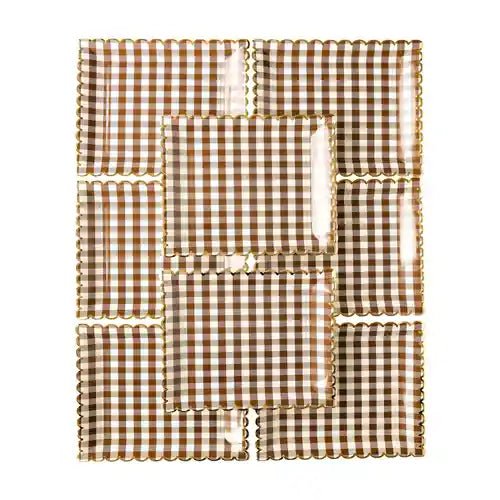 Brown Gingham Scalloped Paper Plates – 10" Fall Party Plates (8pcs) - Josi James - 10 Inch Plate