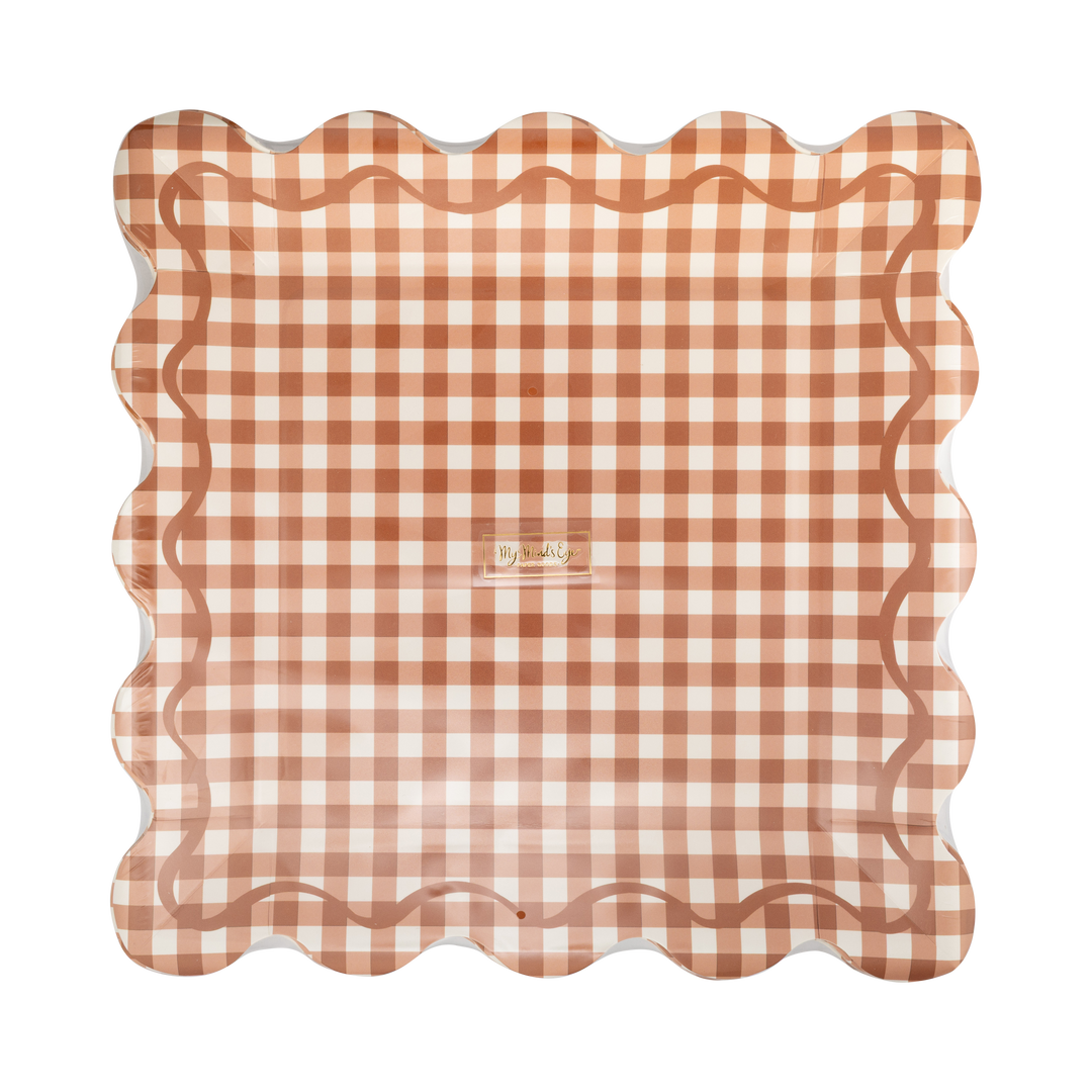 Rust Gingham Scalloped Square Plates, view 3