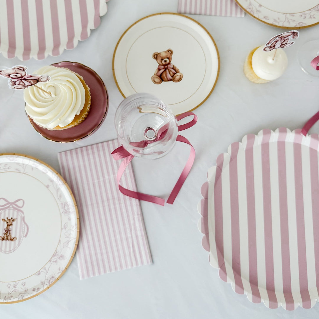 Classic Striped Pink Scalloped Dinner Plate, 12pcs - Josi James - 10.5 Inch Plate