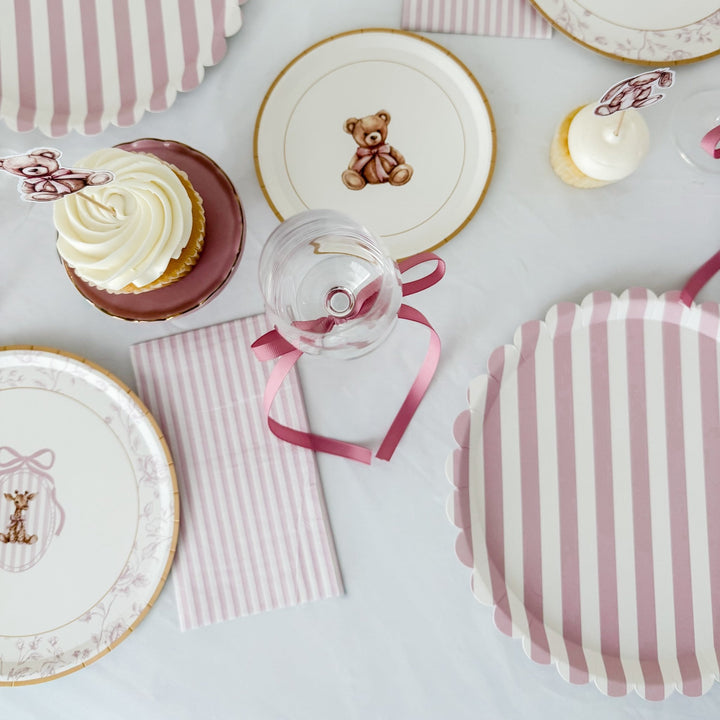 Classic Striped Pink Scalloped Dinner Plate, 12pcs - Josi James - 10.5 Inch Plate