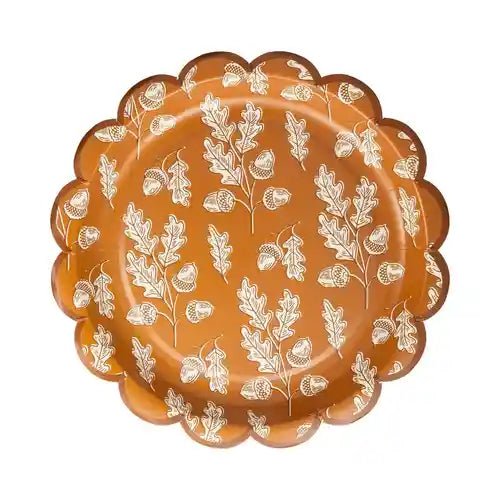 Fall Acorn Scalloped Paper Plates – 9" Round Autumn Party Plates (8ct) - Josi James - 9 Inch Plate