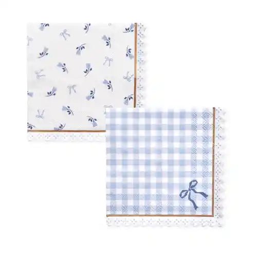 Coastal Pretty cocktail napkins in blue gingham and floral with scalloped gold foil trim