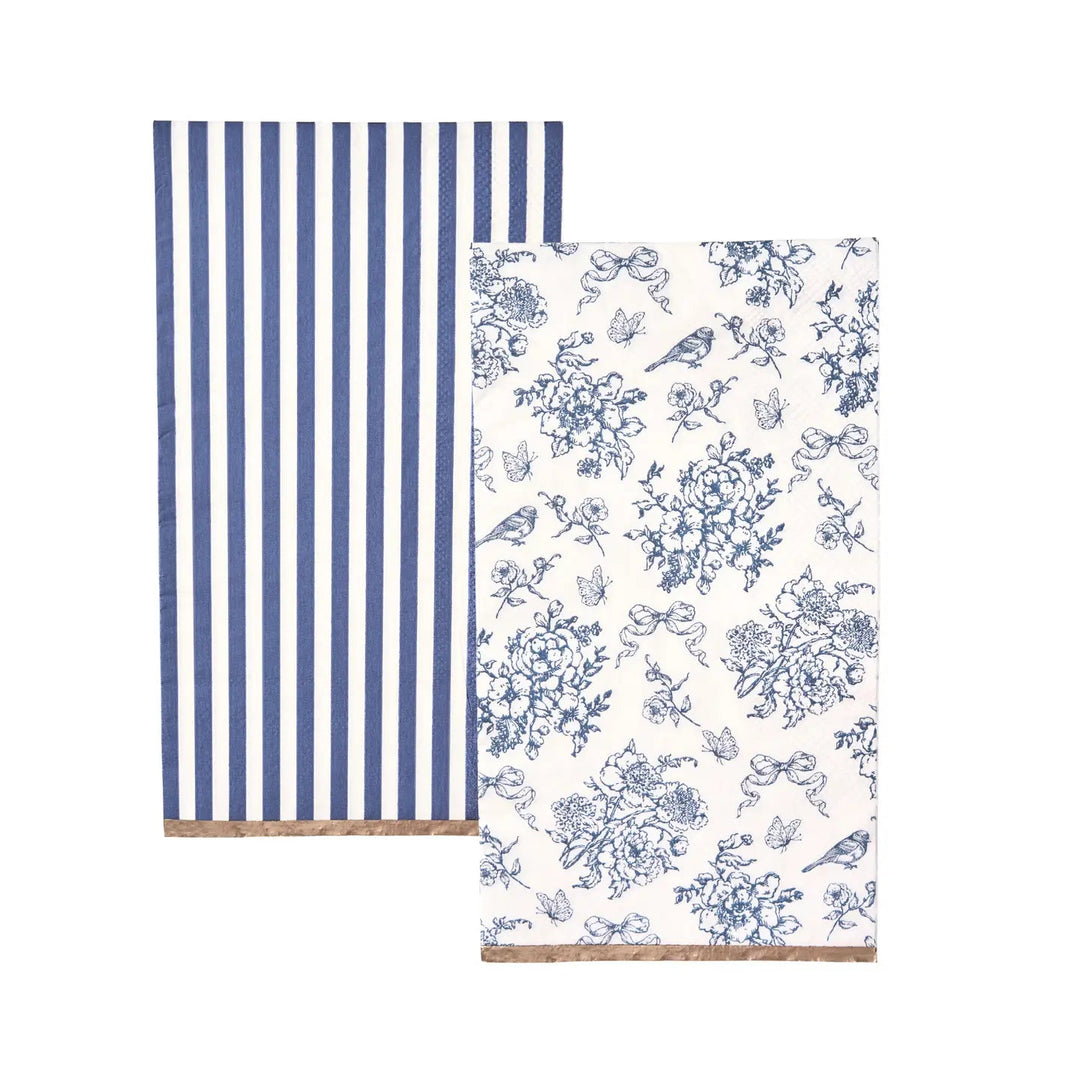 Hamptons Toile guest napkins with blue floral and stripe designs