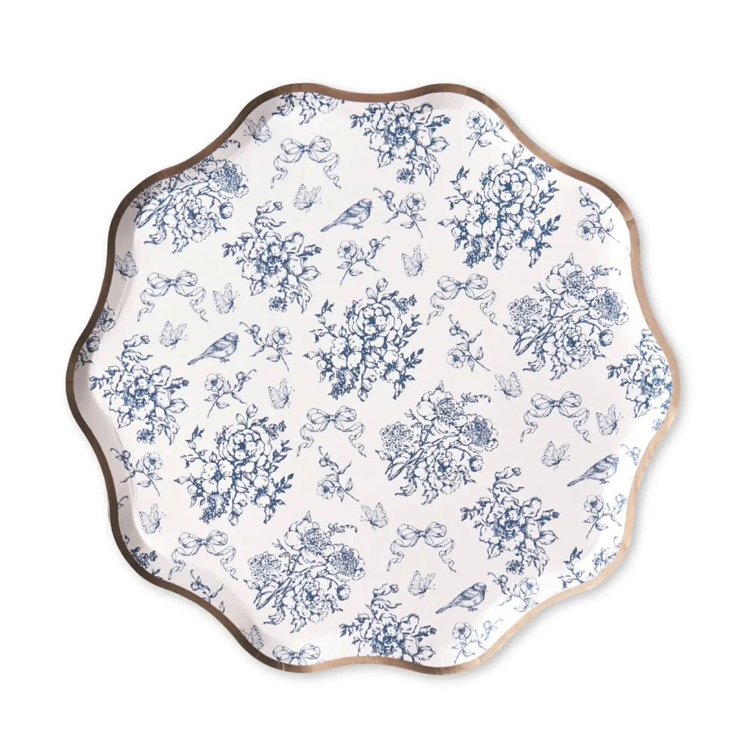 Hamptons Toile Dessert Plates – Blue Toile & Stripe Paper Plates with Gold Foil Rim (8ct) - Josi James - 8.5 Inch Plate