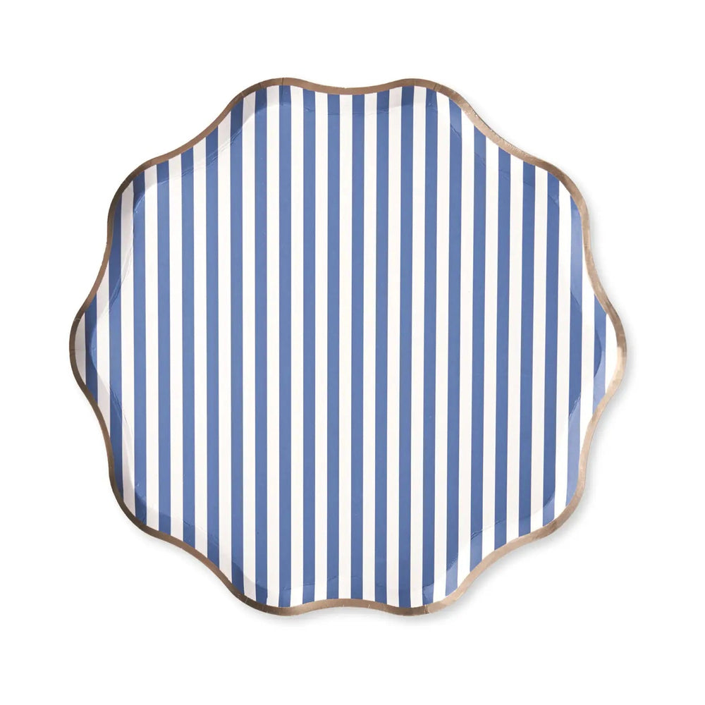 Hamptons Toile Dessert Plates – Blue Toile & Stripe Paper Plates with Gold Foil Rim (8ct) - Josi James - 8.5 Inch Plate