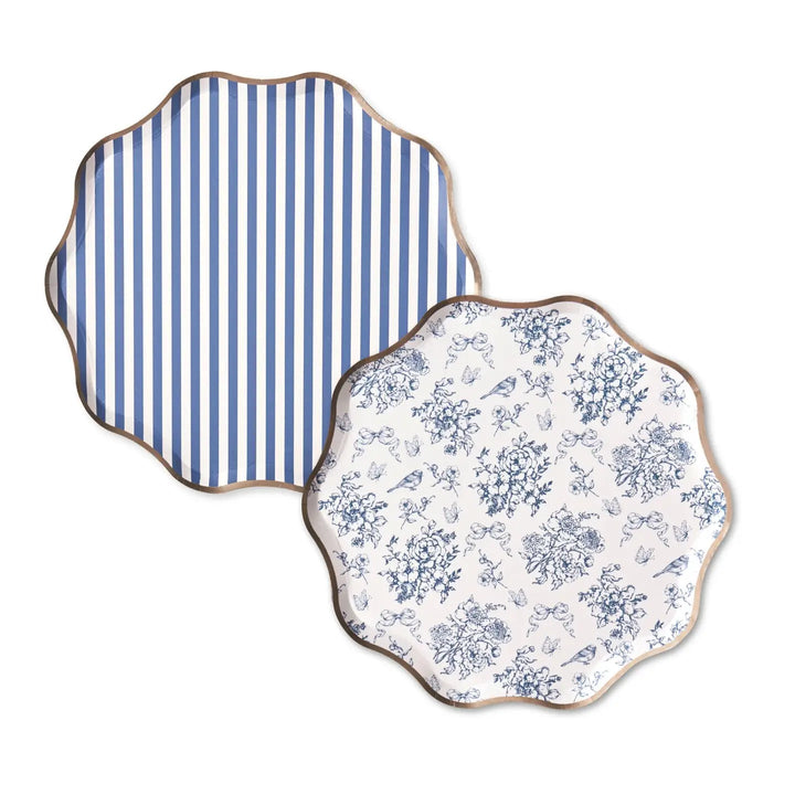 Hamptons Toile Dessert Plates – Blue Toile & Stripe Paper Plates with Gold Foil Rim (8ct) - Josi James - 8.5 Inch Plate