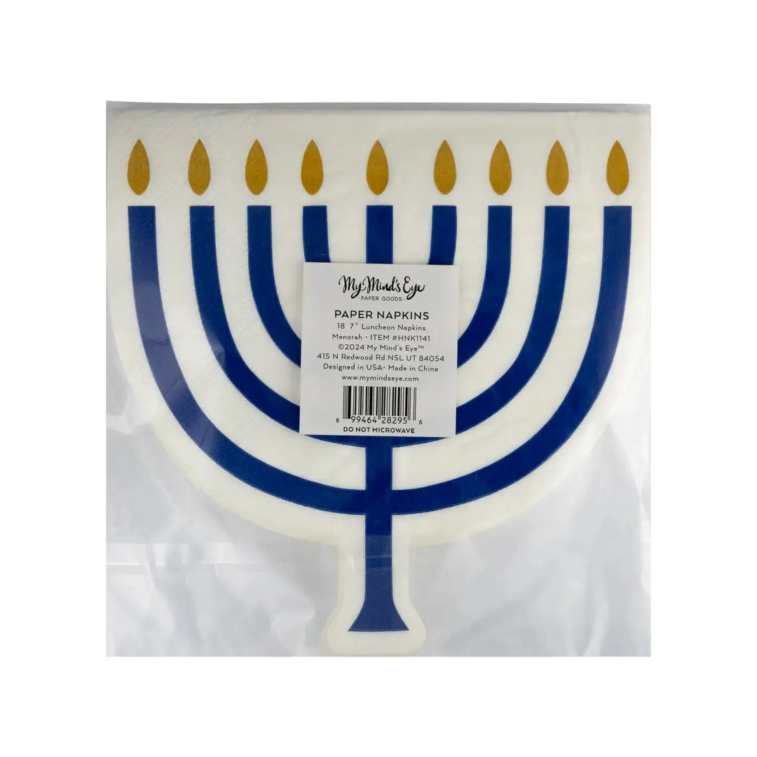 Hanukkah Menorah Shaped Luncheon Napkins – 7" Gold Foil (18ct) - Josi James - Die Cut Napkin