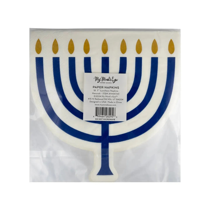 Hanukkah Menorah Shaped Luncheon Napkins – 7" Gold Foil (18ct) - Josi James - Die Cut Napkin