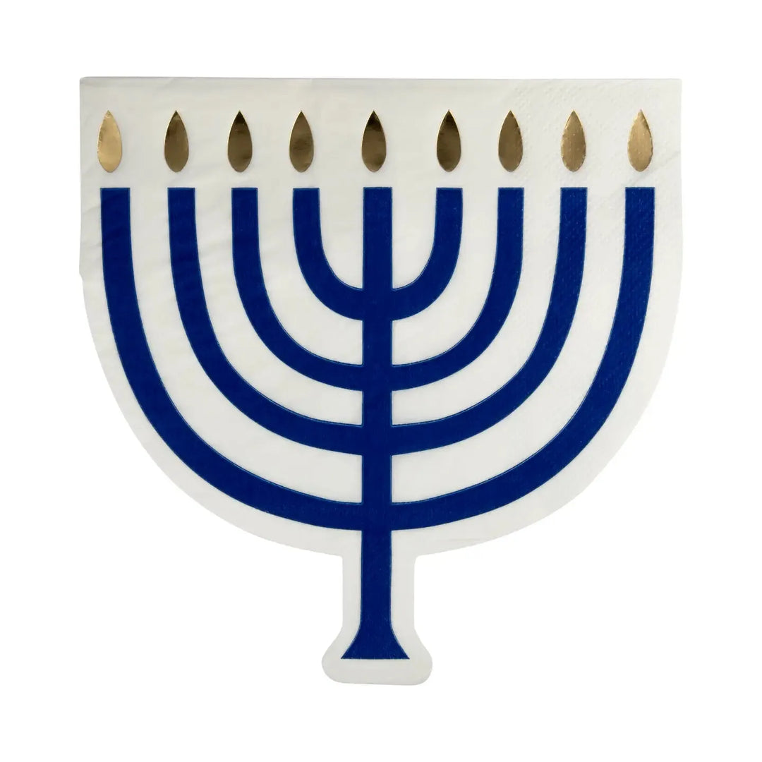 Hanukkah Menorah Shaped Luncheon Napkins – 7" Gold Foil (18ct) - Josi James - Die Cut Napkin
