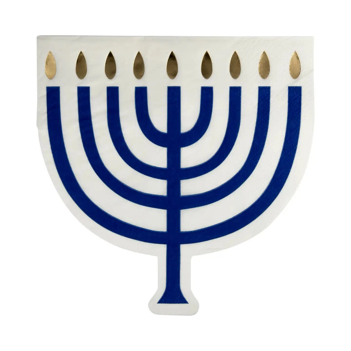 Hanukkah Menorah Shaped Luncheon Napkins – 7" Gold Foil (18ct) - Josi James - Die Cut Napkin