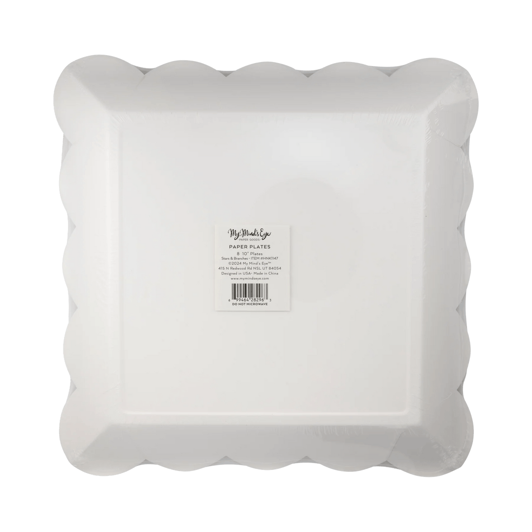 Hanukkah Stars & Branches Scalloped Square Plate – 10" Gold Foil (8ct) - Josi James - 10 Inch Plate