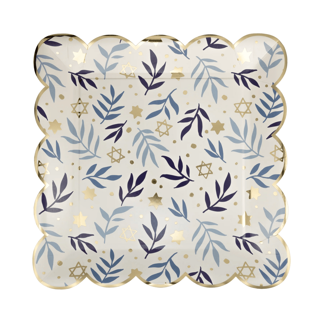 Hanukkah Stars & Branches Scalloped Square Plate – 10" Gold Foil (8ct) - Josi James - 10 Inch Plate