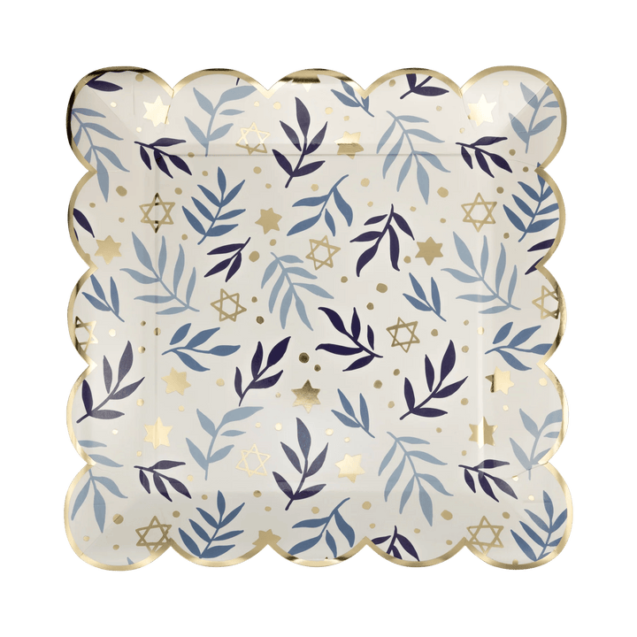 Hanukkah Stars & Branches Scalloped Square Plate – 10" Gold Foil (8ct) - Josi James - 10 Inch Plate
