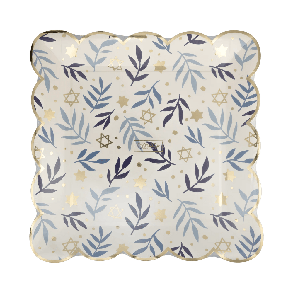 Hanukkah Stars & Branches Scalloped Square Plate – 10" Gold Foil (8ct) - Josi James - 10 Inch Plate