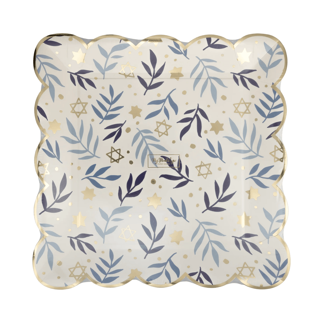 Hanukkah Stars & Branches Scalloped Square Plate – 10" Gold Foil (8ct) - Josi James - 10 Inch Plate