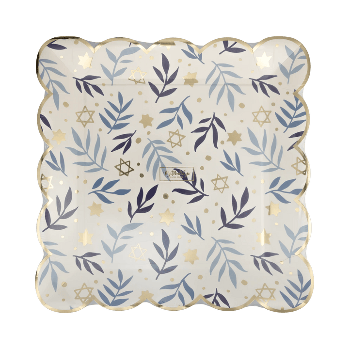 Hanukkah Stars & Branches Scalloped Square Plate – 10" Gold Foil (8ct) - Josi James - 10 Inch Plate