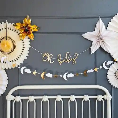 Neutral Baby Shower Banner Set – “Oh Baby” & Star + Moon Banners with Gold Foil Accents (2pc) - Josi James - Banners