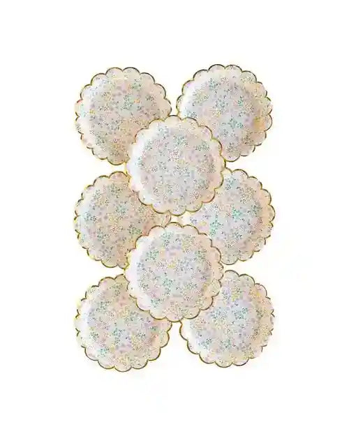 Pastel Floral Spring Dessert Plates – 7" Scalloped with Gold Foil (8pcs) - Josi James - 7 Inch Plate