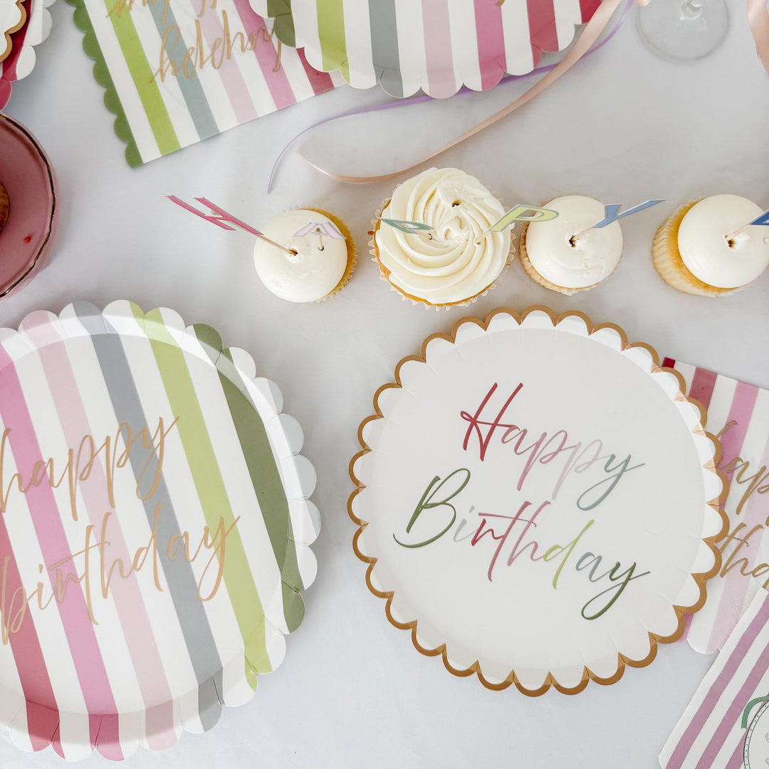 Pastel Scalloped Happy Birthday Salad Plate, 12pcs - Josi James - 8.5 Inch Plate