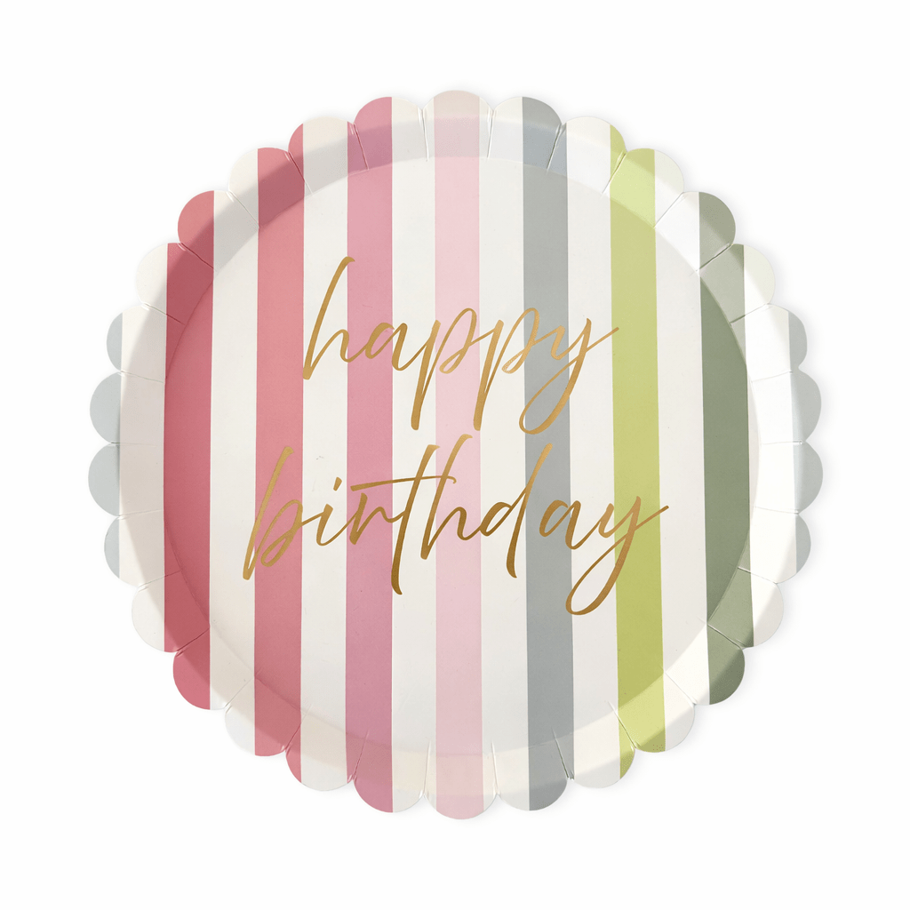 Pastel Striped Happy Birthday Dinner Plate, 12pcs - Josi James - 10.5 Inch Plate