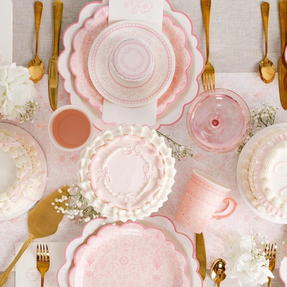 Pink Baby Shower Floral Dessert Plates – 7" Pink Toile Party Plates (8ct) - Josi James - 7 Inch Plate