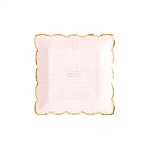Pink Gingham Easter Dinner Plates – Scalloped 9" Gold Foil - Josi James - 9 Inch Plate