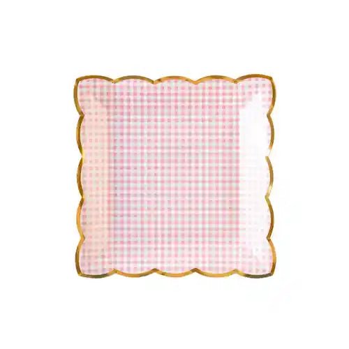 Pink Gingham Easter Dinner Plates – Scalloped 9" Gold Foil - Josi James - 9 Inch Plate