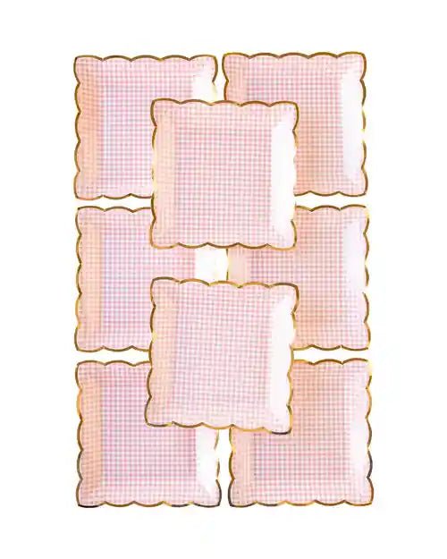 Pink Gingham Easter Dinner Plates – Scalloped 9" Gold Foil - Josi James - 9 Inch Plate