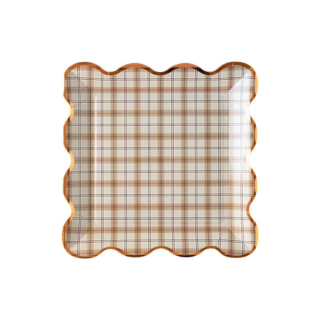 Plaid Square Paper Plates – 10" Copper Foil Fall Party Plates (8pcs) - Josi James - 10 Inch Plate